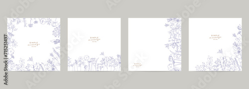 線画。線画の草木ベクターイラスト。植物の招待状テンプレート。背景。Line drawing. Line drawing plants and trees vector illustration. Plant invitation template. Background.