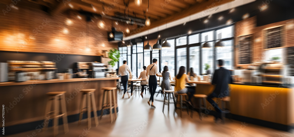 Bright Blur coffee shop with people in walking in blurred motion in coffee shop space