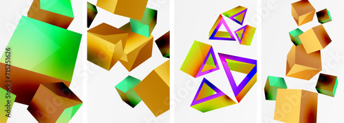 Flying 3d shapes, cubes and other geometric elements background design for wallpaper, business card, cover, poster, banner, brochure, header, website