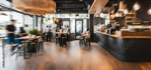 Bright Blur coffee shop with people in walking in blurred motion in coffee shop space