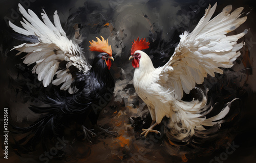 black and white roosters locked in battle high soaring and flapping feathers and wings
