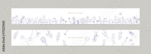 線画。線画の草木ベクターイラスト。植物の招待状テンプレート。背景。Line drawing. Line drawing plants and trees vector illustration. Plant invitation template. Background.