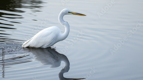 Closeup of a serenelooking egret with its slender neck gracefully curved and reflecting off the calm reflective surface of the water © Justlight
