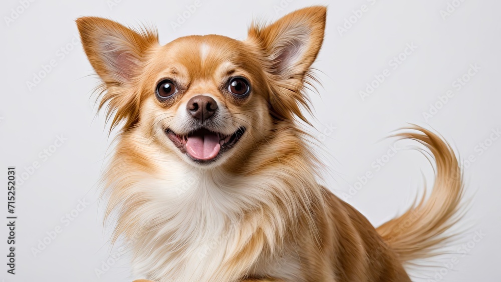 Portrait of Fawn long coat chihuahua dog on grey background Portrait of Fawn long coat chihuahua dog on grey background