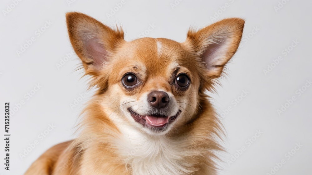 Portrait of Fawn long coat chihuahua dog on grey background