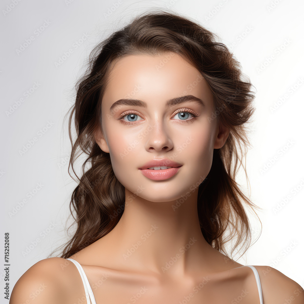 Photo of beautiful face of young adult woman with fresh, clean skin isolated on white Photo of beautiful face of young adult woman with fresh, clean skin isolated on white