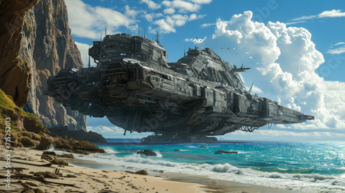 Fototapeta Naklejka Na Ścianę i Meble -  Gigantic space dreadnought crashing on the surface of a planet