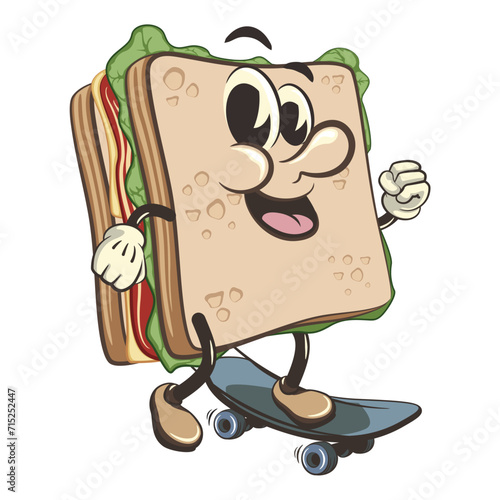 vector illustration of cute sandwich character mascot playing skateboarding, work of handmade
