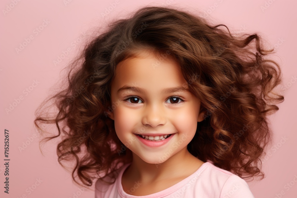 Portrait of a beautiful little girl with long curly hair on a pink background Portrait of a beautiful little girl with long curly hair on a pink background