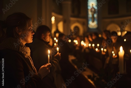 Individuals in prayerful vigil, with the glow of candles illuminating their faces in a serene religious setting photo