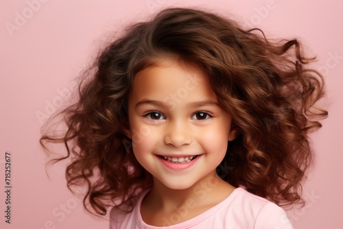 Portrait of a beautiful little girl with long curly hair on a pink background © Inigo