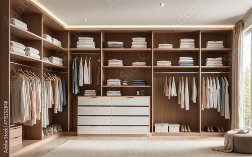 Modern, minimalist walk-in wardrobe with hanging clothes, shelves, and drawers. Ideal for organizing accessories in a luxury closet. © Afian