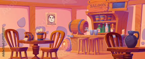 Western saloon interior design. Vector cartoon illustration of retro style bar with old wooden counter, alcohol bottles on shelf, beer mugs on table, wanted criminal poster on wall, barrel and glasses
