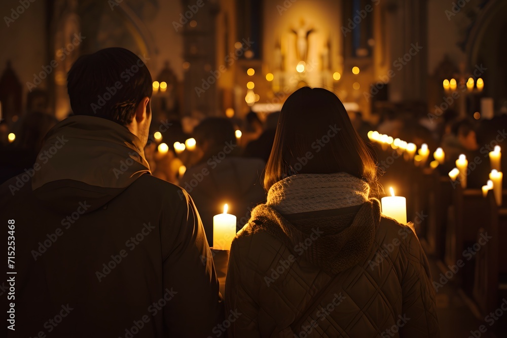 Individuals in prayerful vigil, with the glow of candles illuminating their faces in a serene religious setting Individuals in prayerful vigil, with the glow of candles illuminating their faces in a serene religious setting