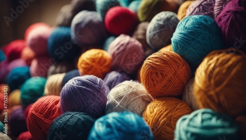 Colorful assortment of yarn balls is displayed in a warm and cozy atmosphere.