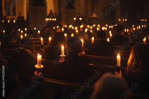 Individuals in prayerful vigil, with the glow of candles illuminating their faces in a serene religious setting