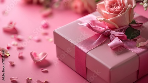 A gift box, ribbon and flower on pink background, with copy space