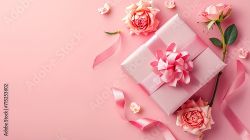 A gift box, ribbon and flower on pink background, with copy space