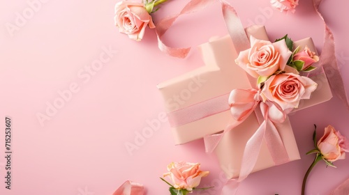 A gift box, ribbon and flower on pink background, with copy space