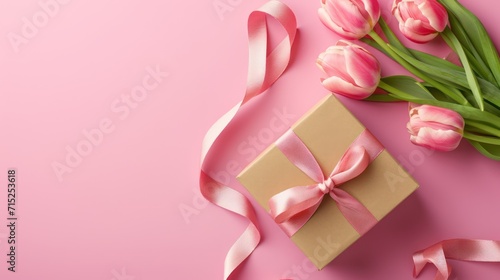 A gift box, ribbon and flower on pink background, with copy space