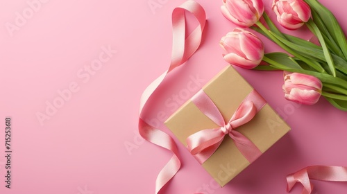 A gift box, ribbon and flower on pink background, with copy space © Farid