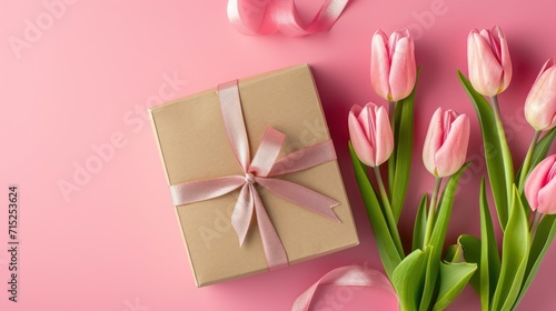 A gift box, ribbon and flower on pink background, with copy space