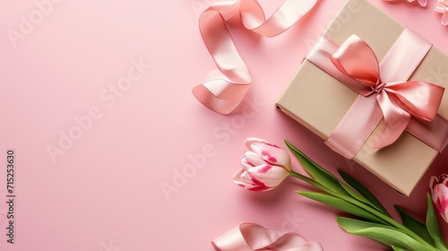 A gift box, ribbon and flower on pink background, with copy space