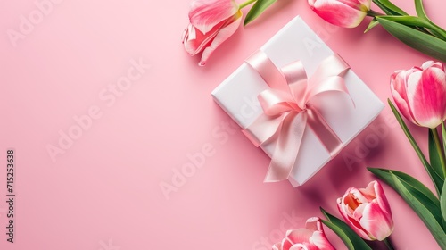 A gift box, ribbon and flower on pink background, with copy space
