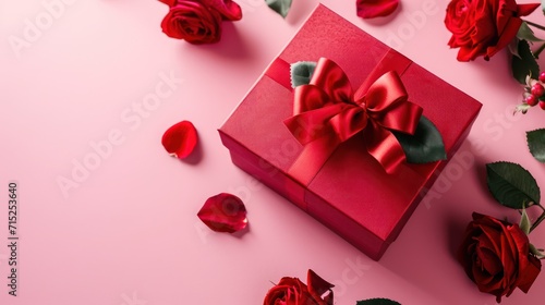 A gift box, ribbon and flower on pink background, with copy space