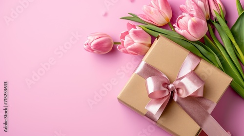 A gift box, ribbon and flower on pink background, with copy space