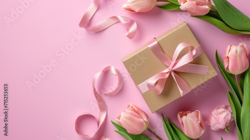 A gift box, ribbon and flower on pink background, with copy space