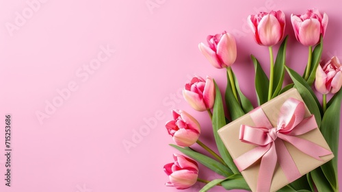 A gift box, ribbon and flower on pink background, with copy space