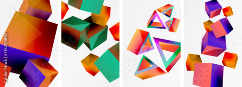 Flying 3d shapes, cubes and other geometric elements background design for wallpaper, business card, cover, poster, banner, brochure, header, website