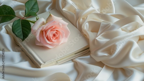 A ancient book ribbon and a flower on soft silk. Romance concept