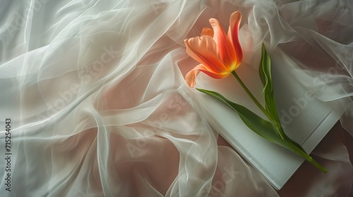 A ancient book ribbon and a flower on soft silk. Romance concept