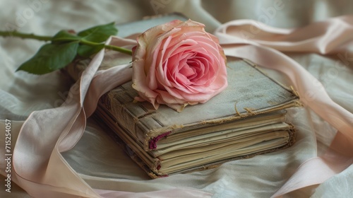 A ancient book ribbon and a flower on soft silk. Romance concept