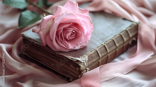 A ancient book ribbon and a flower on soft silk. Romance concept
