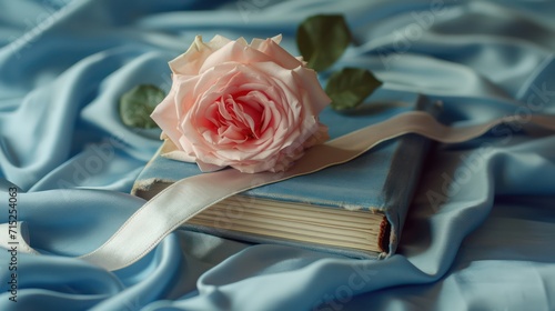 A ancient book ribbon and a flower on soft silk. Romance concept