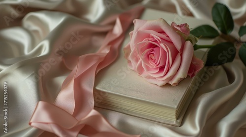 A ancient book ribbon and a flower on soft silk. Romance concept