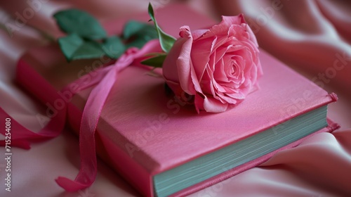 A ancient book ribbon and a flower on soft silk. Romance concept
