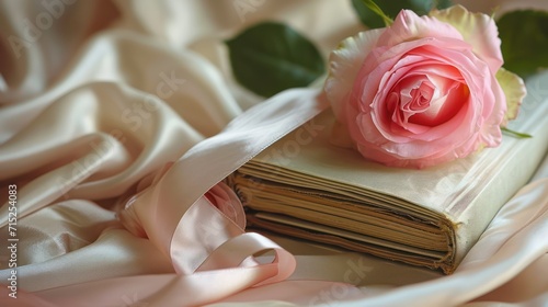 A ancient book ribbon and a flower on soft silk. Romance concept
