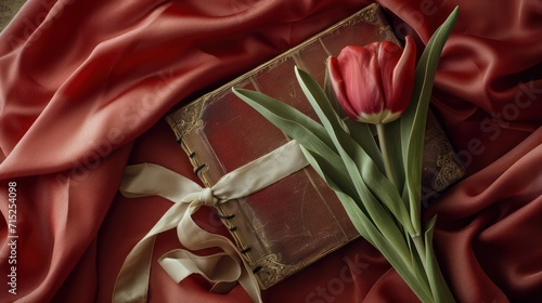 A ancient book ribbon and a flower on soft silk. Romance concept