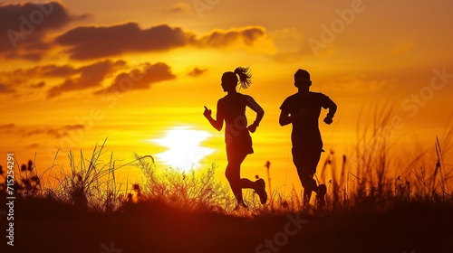 Silhouettes of man and woman running at sunset