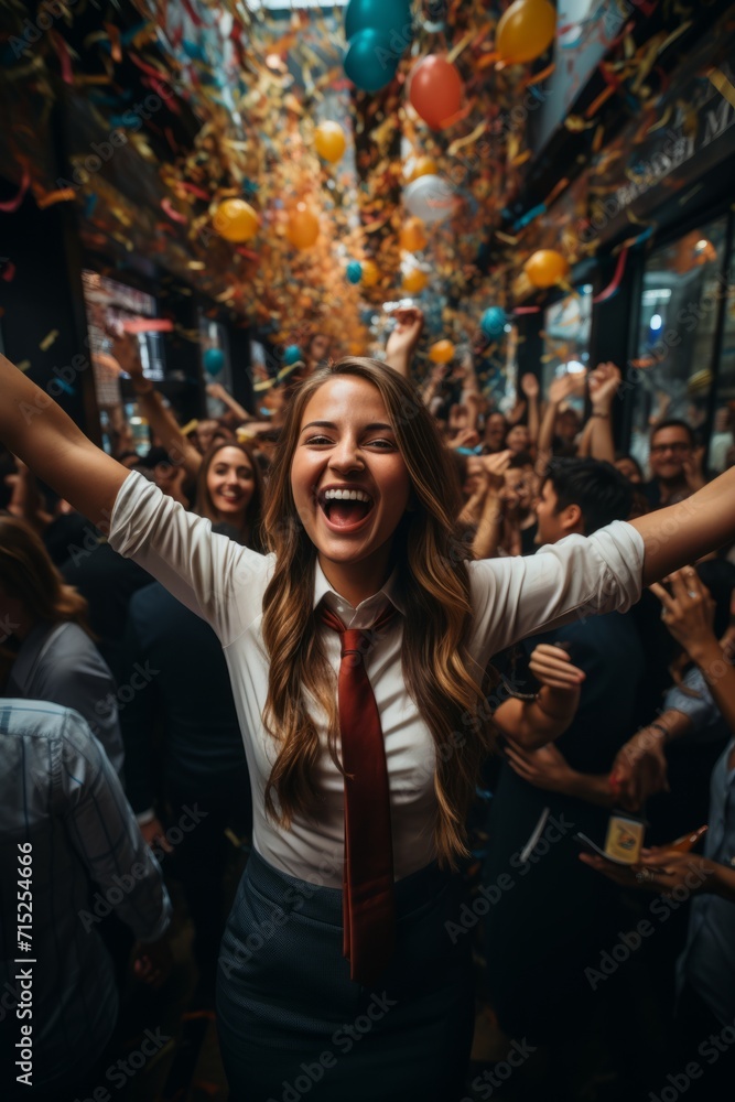 Successful office party with employees dancing and celebrating their achievements, Generative AI Successful office party with employees dancing and celebrating their achievements, Generative AI