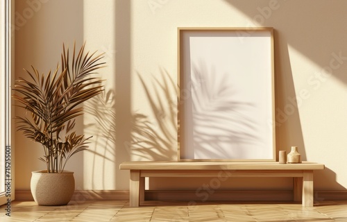 Interior of modern living room with beige walls, wooden floor, tiled floor, window with palm leafs and vertical mock up poster frame.
