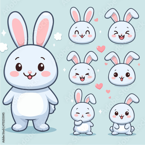 vector cute rabbit full body with various expressions. flat cartoon design that is simple and minimalist