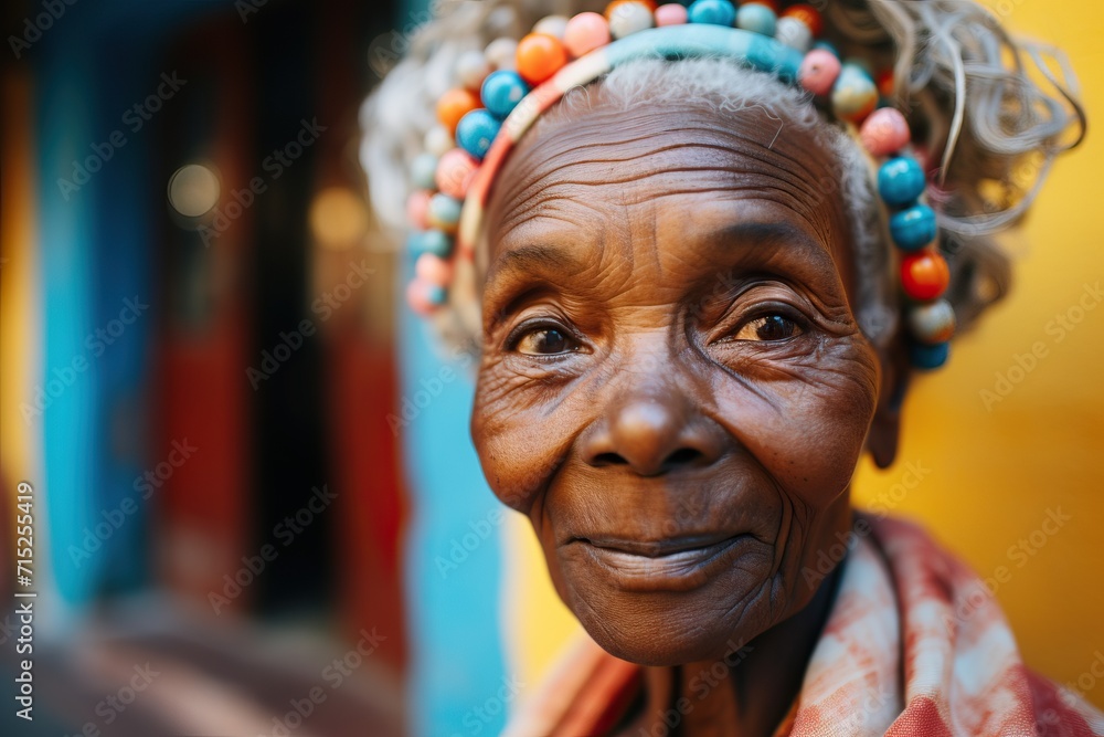 Elderly African woman with vibrant beads and joyful smile Elderly African woman with vibrant beads and joyful smile