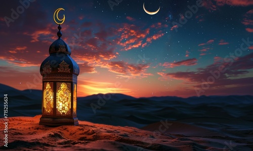 Illuminated Islamic Lantern Amidst the Serene Desert Under a Starry Sky