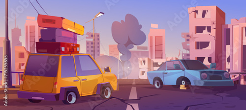 Car with baggage in cases on trunk in abandoned ruin city with broken buildings, car and roads. Apocalyptic cityscape with refugee or survivor in vehicle on destroyed during war or earthquake street.
