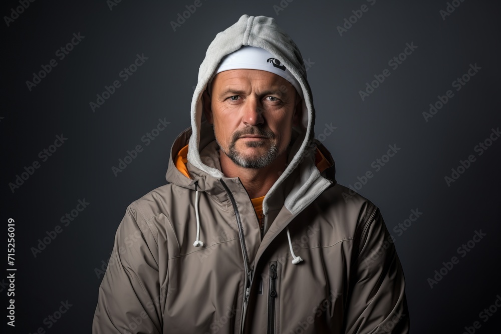 Portrait of a middle-aged man wearing a hooded jacket and a cap Portrait of a middle-aged man wearing a hooded jacket and a cap